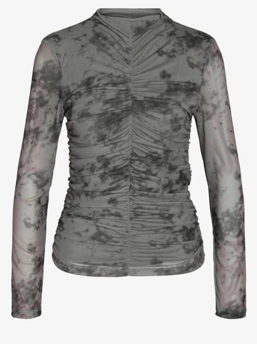 Noisy May Gray Ruched Mesh Long Sleeve Top